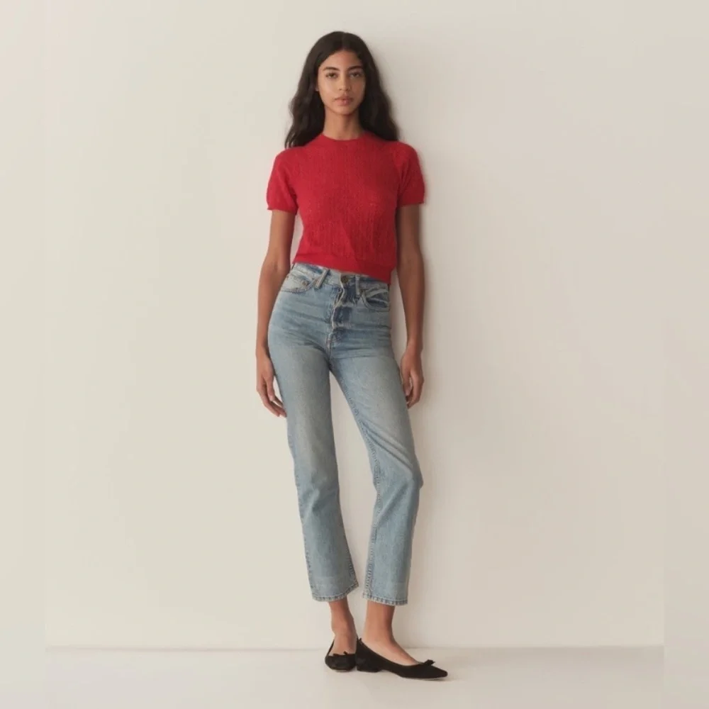 Doen Monica Alpaca Wool Pointelle Short Sleeeve Crew Neck Sweater Top Cherry Red
